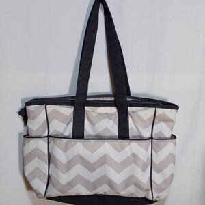 NIMNYK DRAPER BAG IN A BEAUTIFUL GRAY AND WHITE WITH LOTS OF POCKETS